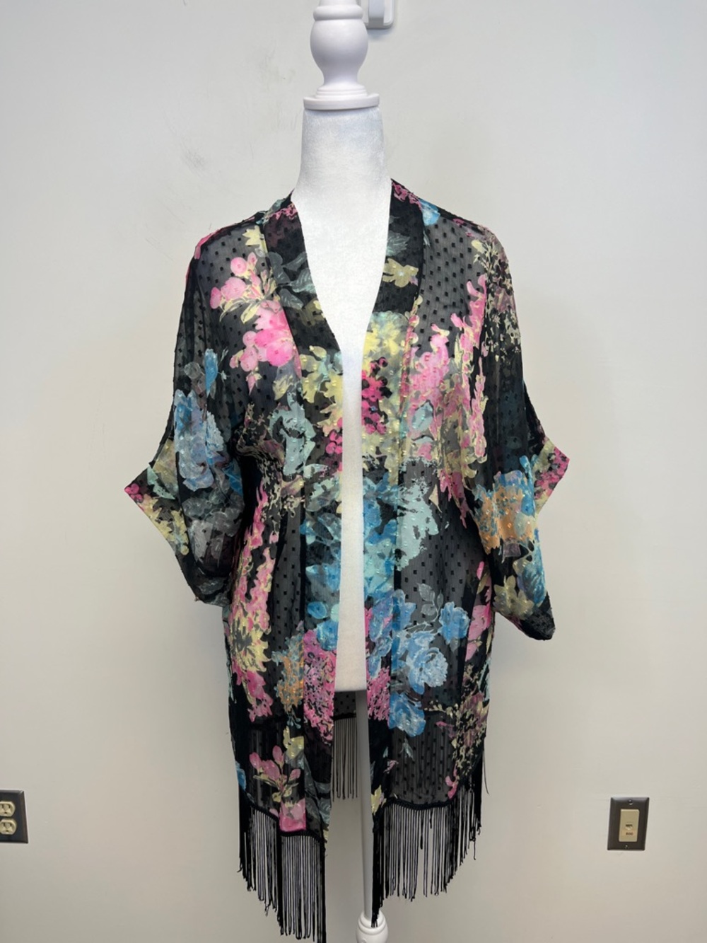 Mix it Black Pink Floral Sheer Kimono with Fringe One Size